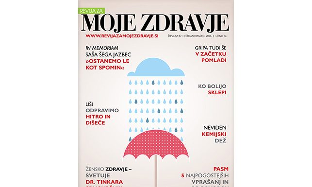 Naslovnica revije Moje zdravje številka 87 (februar–marec 2026) s temami o kemijskem dežju, gripi, revmatičnih bolečinah in PAMM