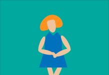 Ilustracija ženske, ki zaradi nuje po uriniranju stiska noge, kot ponazoritev simptomov PASM.