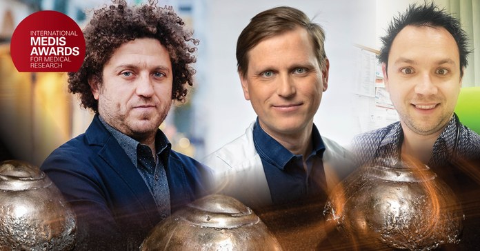 Portretna grafika treh slovenskih finalistov International Medis Awards for Medical Research.
